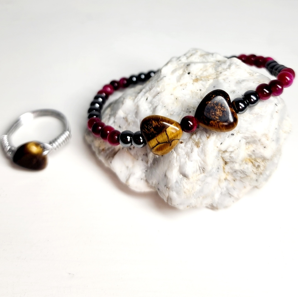 Dainty Heart Bow Pink Brown Tiger Eye & Hematite Beaded Bracelet Handmade